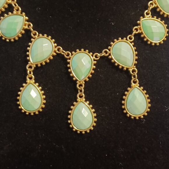 Golden-Toned, Opaline Mint Droplet Resin Stone Necklace, 18" - Picture 2 of 3